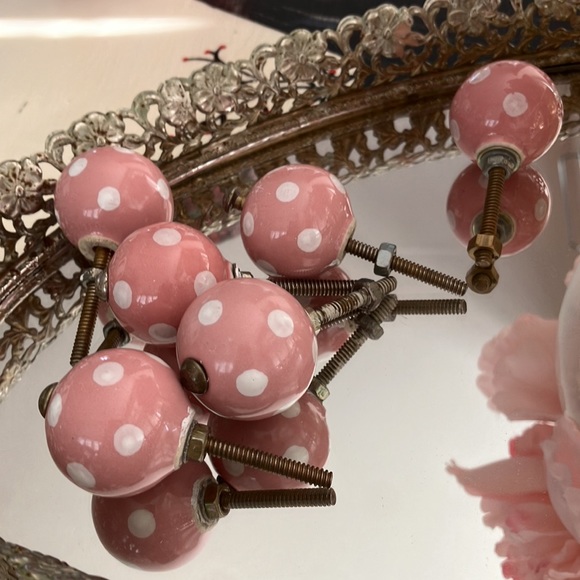 Ceramic Drawer Pulls, White Polka Dots on Pink Background. Set of 6 - Picture 1 of 5